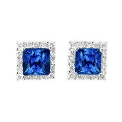 14K White Gold Princess Cut Blue Sapphire Diamond Stud Earring 2.40 Ct