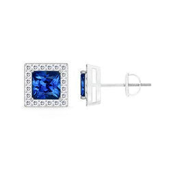 3.30 Carats Princess Sri Lanka Blue Sapphire Diamond Stud Earring