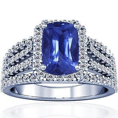 New Stylish  Cushion & Round Ceylon Sapphire And Diamonds Ring White Gold  Gemstone Ring