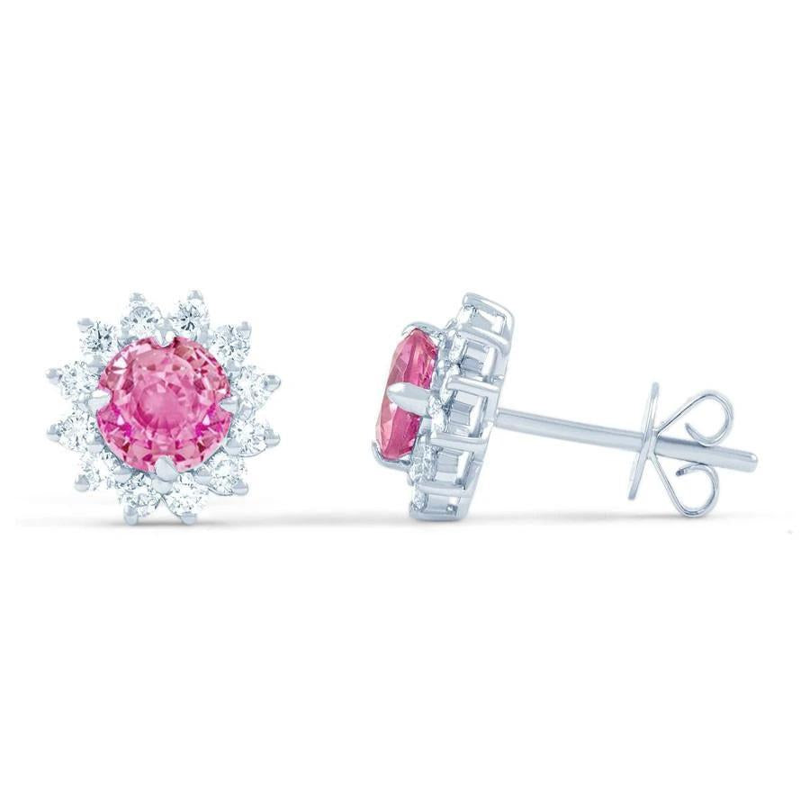  Half bazel fancy Engagement  Round Cut Pink Sapphire And Diamonds Studs Earrings Gold 