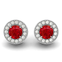 5.50 Carats Round Cut Ruby With Natural Earth Mined Diamonds Halo Studs Earrings
