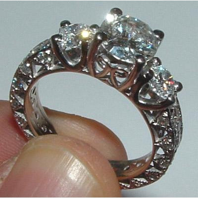 2.50 Carat Filigree Antique Style 3 Stone Natural Earth Mined Diamond Engagement Ring