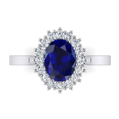 Princess Cut Oval Shaped Ceylon Sapphire Round Diamond Ring White Gold  Gemstone Ring
