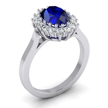 Princess Cut Oval Shaped Ceylon Sapphire Round Diamond Ring White Gold  