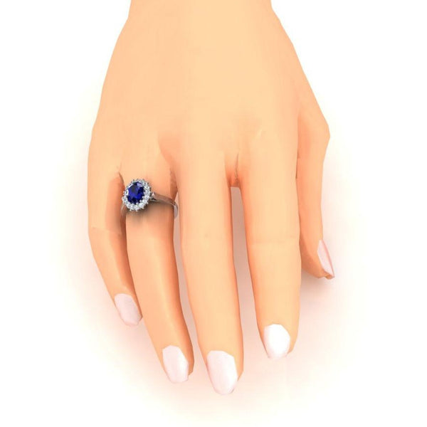 Oval Shaped Ceylon Sapphire Round Diamond Ring White Gold  Gemstone Ring