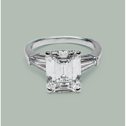 5.80 Ct. Emerald & Baguettes Diamond Halo 3 Stone Ring White Gold Three Stone Ring