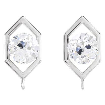 5 Carats Round Old Cut Hexagon Shape Diamond Stud Earrings White Gold