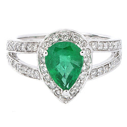 6 Carats Pear Green Emerald With Diamond Wedding Ring White Gold 14K