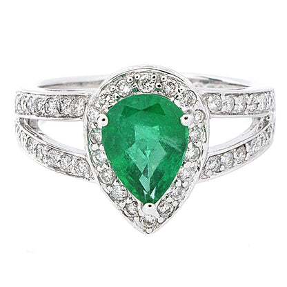 Pear Cut Green Emerald With Diamond Wedding Ring White Gold Gemstone Ring