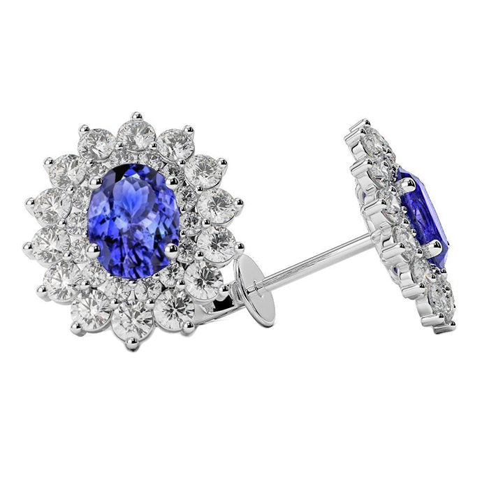 6 Carats Blue Tanzanite And Natural Earth Mined Diamonds Women Studs Earrings Gold 14K