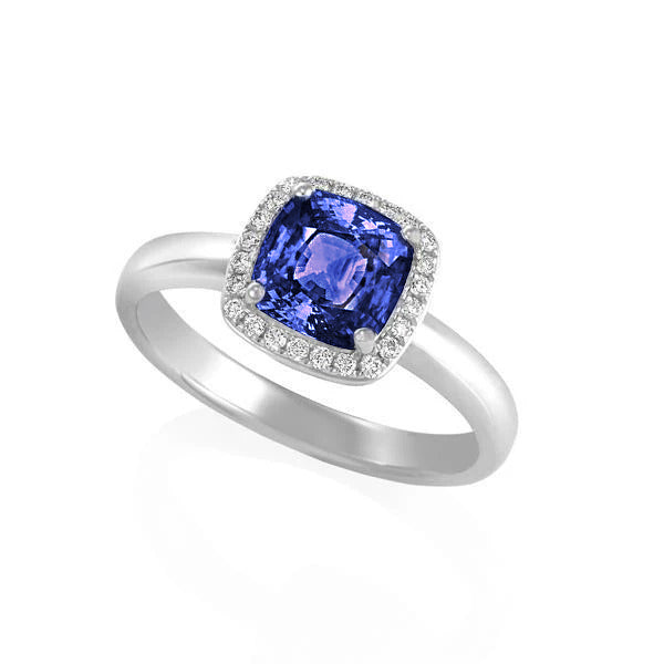 Best Quality Cushion Halo Tanzanite And Diamonds Ring White Gold