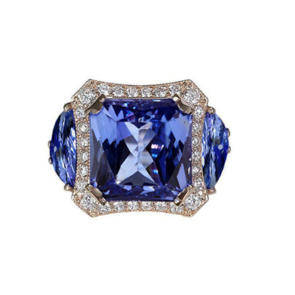   Lady’s Brilliant Engagement  Radiant Tanzanite And Round Diamonds Fancy Ring Gold
