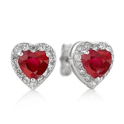 Heart Ruby With Diamonds Halo Stud Earrings 6 Carat White Gold 14K