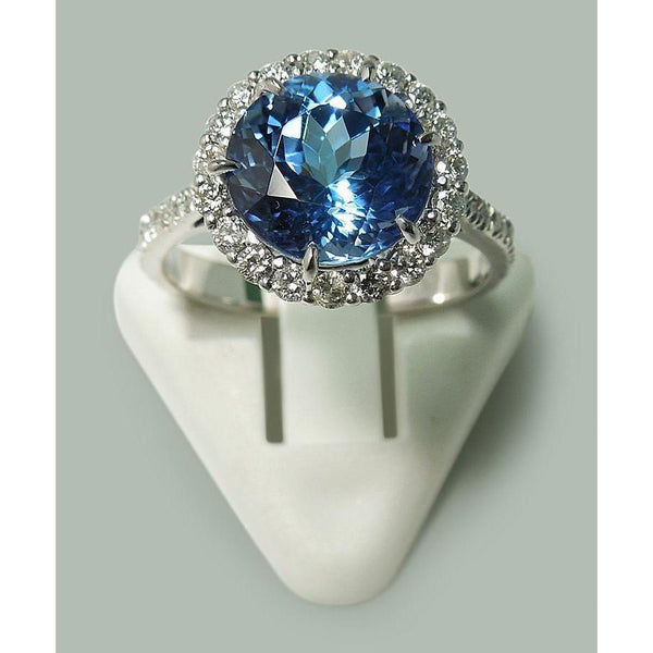   New High Quality Round Tanzanite And Diamonds Solitaire With Accent  White Gold   Gemstone Ring