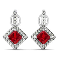 6 Ct Red Ruby With Natural Earth Mined Diamonds Lady Dangle Earrings White Gold 14K