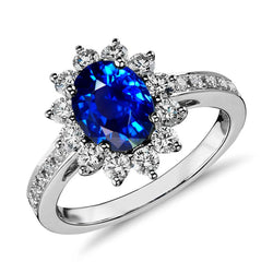 3.90 Ct Blue Sapphire And Diamonds Anniversary Ring White Gold 14K