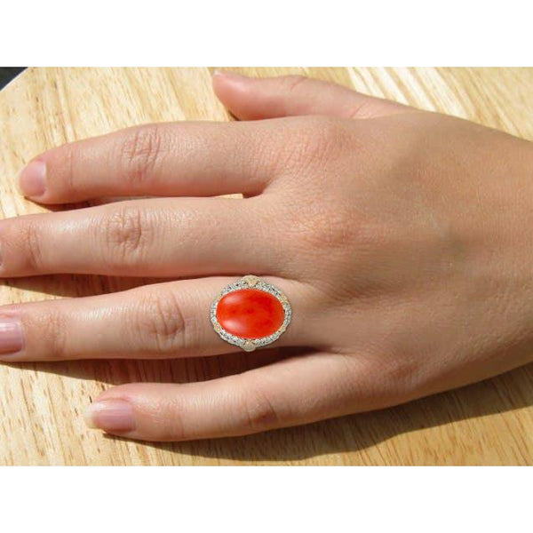 Oval Red Coral With Diamonds   Wedding Ring   Yellow Gold 