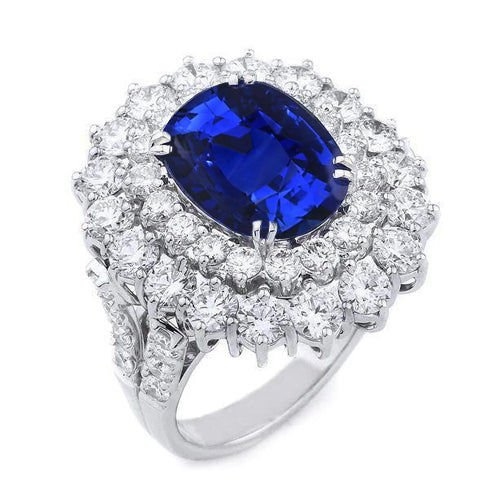 New White Gold 10 Ct. Cushion Sapphire And Round Diamonds Ring 