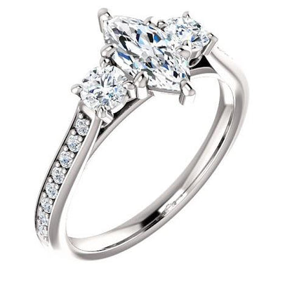 1.85 Ct. 3 Stone Marquise With Round Halo Diamond Ring Three Stone Ring