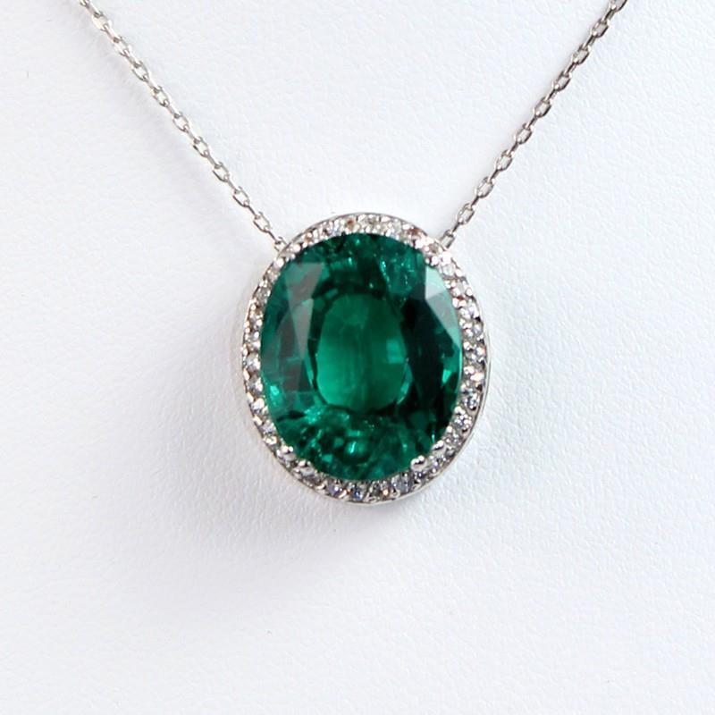 6.25 Carats Green Emerald With Diamonds Pendant Necklace Gold White Gold 14K Gemstone Pendant