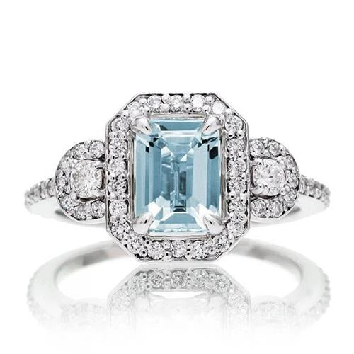 6.25 Ct Emerald Cut Aquamarine And Small Diamonds Ring White Gold Gemstone Ring