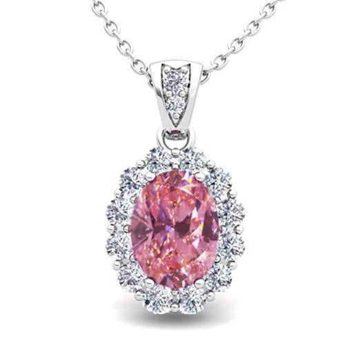 6.25 Ct. Oval Cut Pink Sapphire With Round Diamonds Pendant Necklace 14K Gemstone Pendant