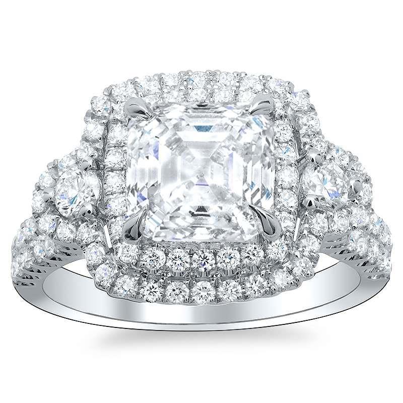 6.40 Ct Asscher And Round Cut Diamonds Wedding Ring Halo Halo Ring