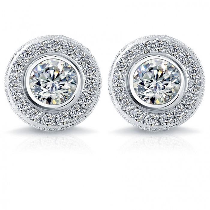  Pave Halo Diamond Fancy Princess Cut Style White Gold Diamond Studs Halo Earrings