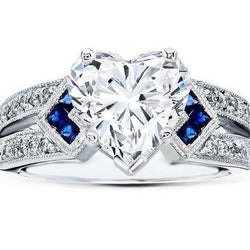 6.50 Carats Heart Cut Diamond With Sapphire Wedding Ring WG 14K