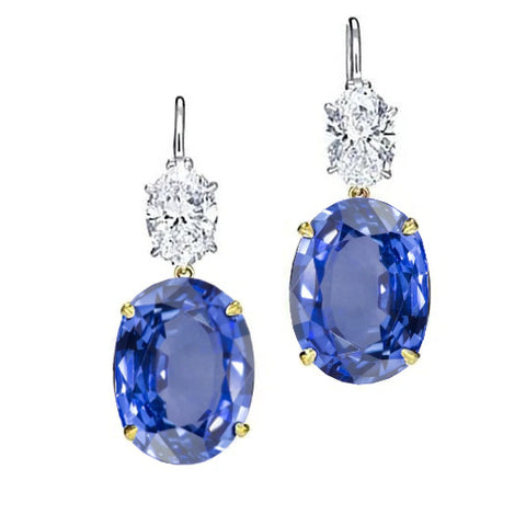   Ladies Brilliant Sparkling   Oval Ceylon Sapphire Diamonds Dangle Earring Two Tone Gold