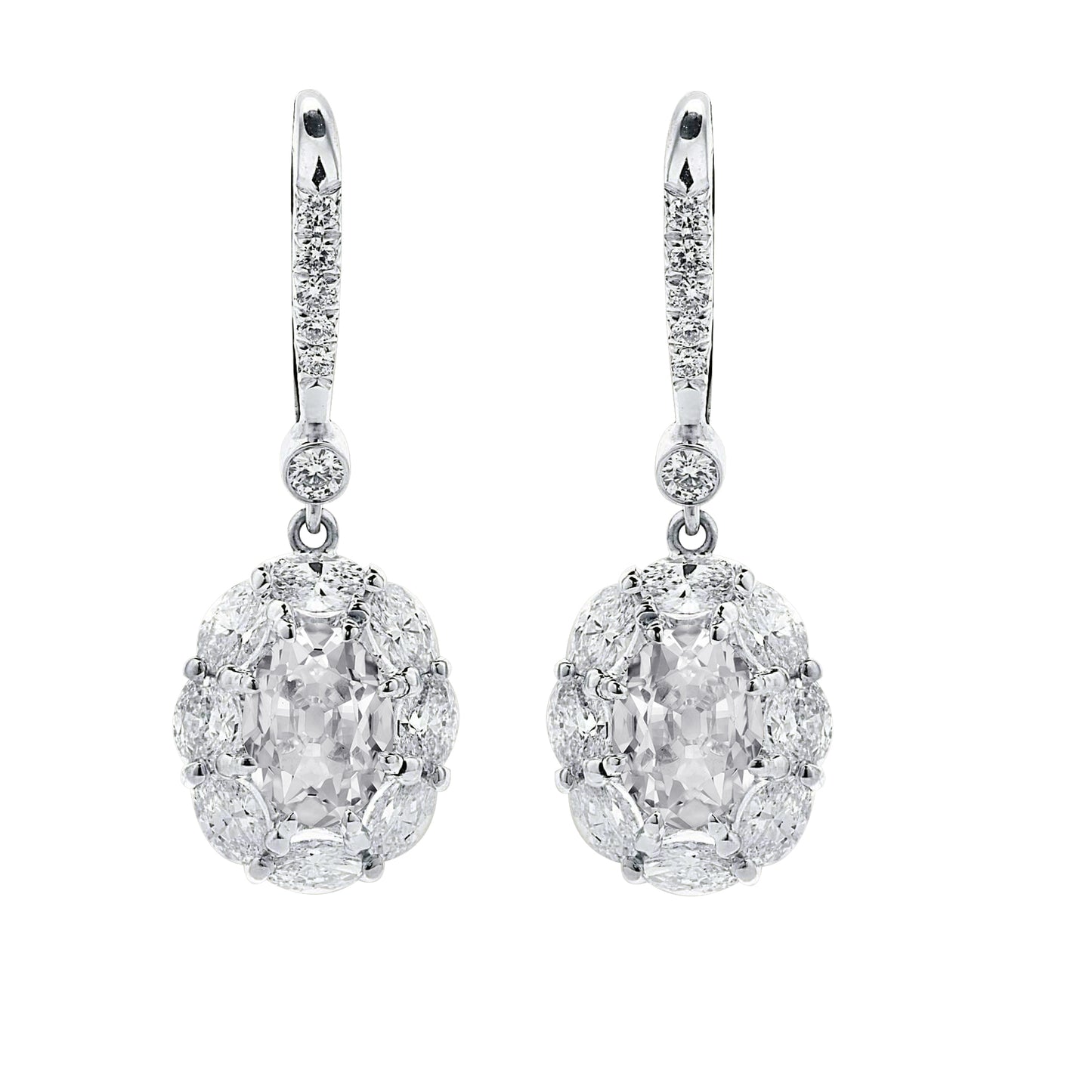 Diamond Dangle Earrings Oval Shape Old Cut