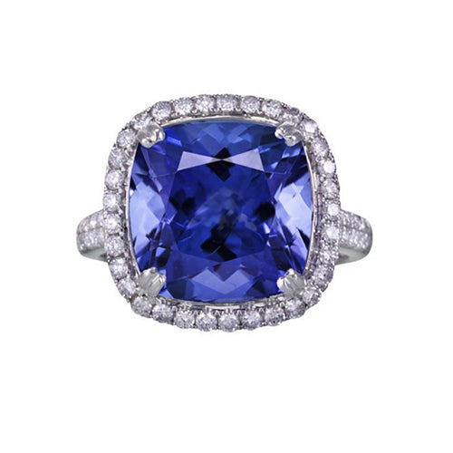 Fancy Stylish Big Cushion Tanzanite & Round Diamond Ring White Gold