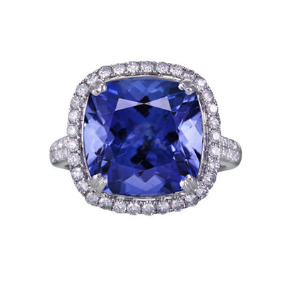 Fancy Stylish Big Cushion Tanzanite & Round Diamond Ring White Gold