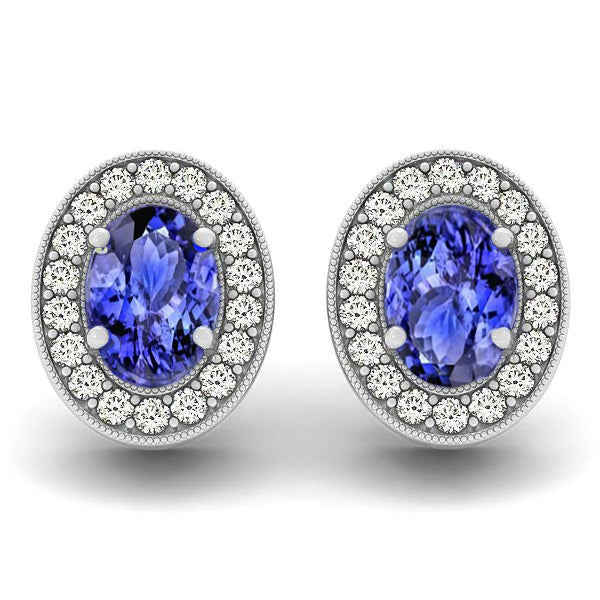 Halo Blue Tanzanite And Diamond Stud Earrings  Ladies New weeding   White Gold