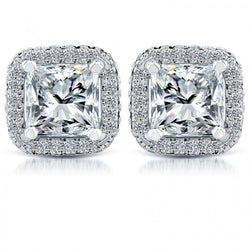 5.70 Carats Princess & Round Diamond Stud Earrings White Gold 14K