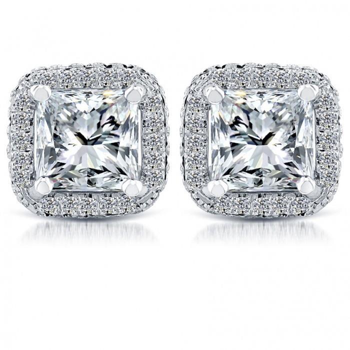 7 Carat Princess & Round Diamond Fine Pave Halo Stud Earring White Gold 14K Halo Stud Earrings