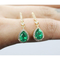 Pear Shaped Green Emerald Halo Diamond Dangle Earring 7 Carat YG 14K