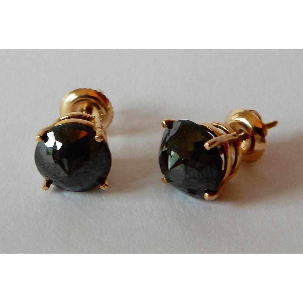 Ladies  Stud Earrings Round Black Diamonds Yellow Gold Finish
