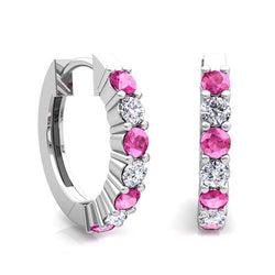 7 Ct Pink Sapphire And Diamonds Ladies Hoop Earrings Gold White 14K