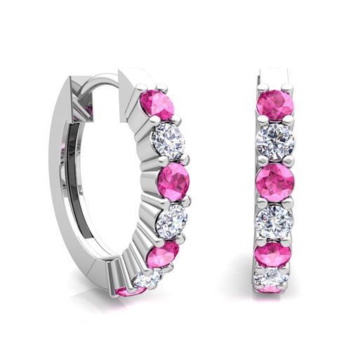  Woman's  Weeding Anniversary    Pink Sapphire And Diamonds Ladies Hoop   Gold White   Gemstone Earring