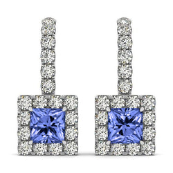 7 Ct Tanzanite And Natural Earth Mined Diamonds Lady Dangle Earrings White Gold 14K