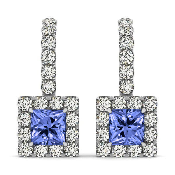 7 Ct Tanzanite And Natural Earth Mined Diamonds Lady Dangle Earrings White Gold 14K