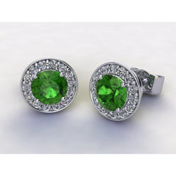 7.20 Carats Round Green Tourmaline Natural Earth Mined Diamond Stud Earring Halo