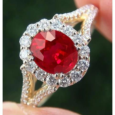 Womans   Oval Cut Red Aaa Ruby With Diamond Wedding Ring Yellow Gold   Gemstone Ring