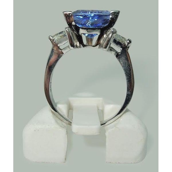 Three Stone Ring White Gold   Trilliant Cut Blue Diamond Gemstone  Ring