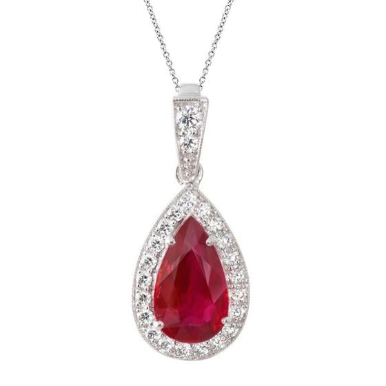 7.90 Carats Pear Cut Ruby And Round Diamonds Pendant  14K Gold Gemstone Pendant