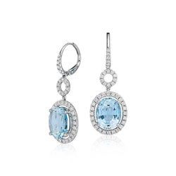 8 Ct Lady Dangle Earrings Blue Aquamarine With Diamonds Gold 14K