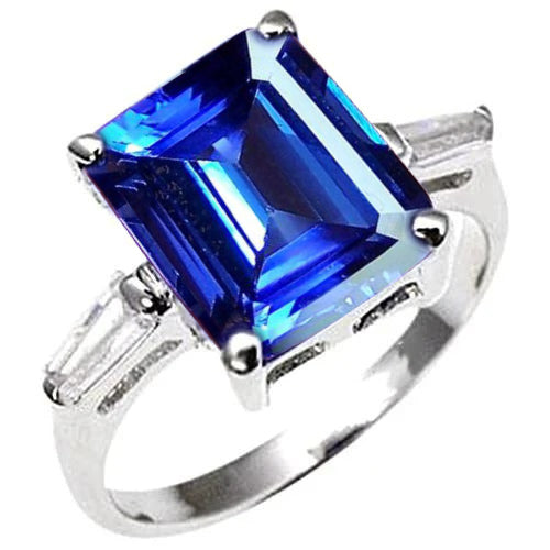 Amazing Stylish Emerald Cut Tanzanite & Baguettes Engagement Ring