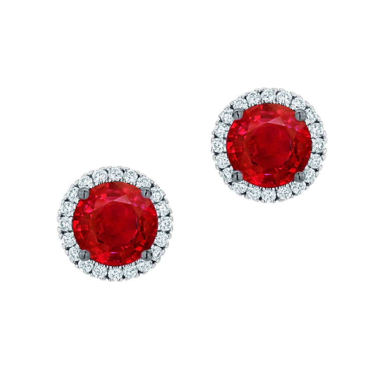  Woman's  Weeding Anniversary   Prong Set Round Ruby And Diamonds Pave Halo Studs  White Gold   Gemstone Earring