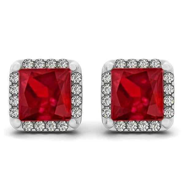   Woman's  Weeding Anniversary   Bezel Set Ruby With Pave Diamonds Studs Earrings White Gold   Gemstone Earring